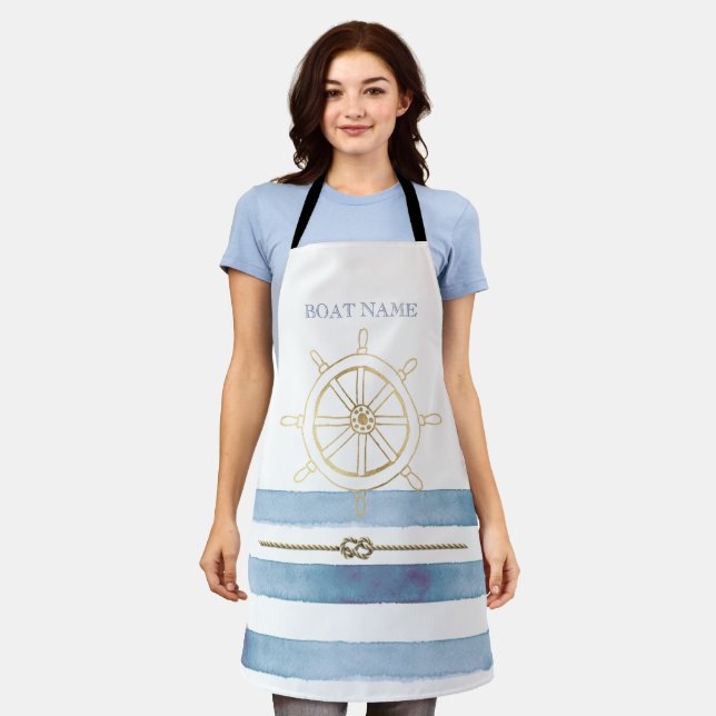Nautical Gold Boat Wheel,Blue Watercolor Stripes   Apron (Worn)