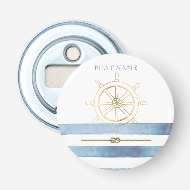 Nautical Gold Boat Wheel,Blue Watercolor Stripes   Bottle Opener (Front)