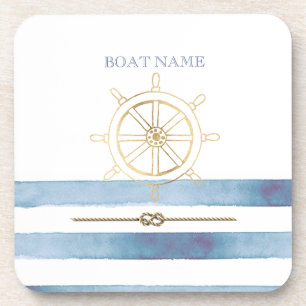Nautical Gold Boat Wheel,Blue Watercolor Stripes   Coaster