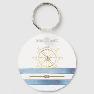 Nautical Gold Boat Wheel,Blue Watercolor Stripes Key Ring