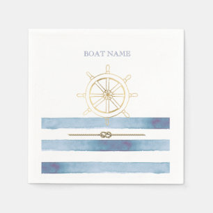 Nautical Gold Boat Wheel,Blue Watercolor Stripes   Napkin