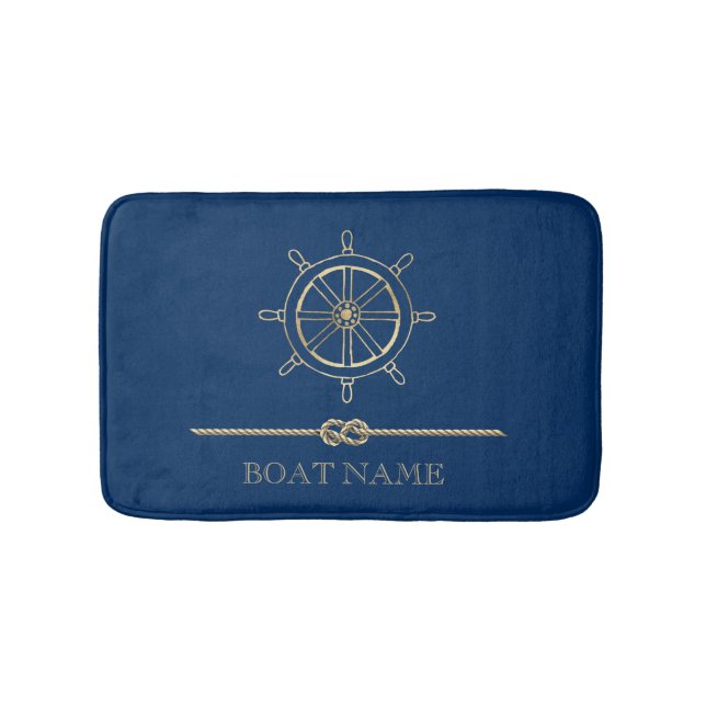 Nautical Gold Boat Wheel,Navy Blue Bath Mat (Front)