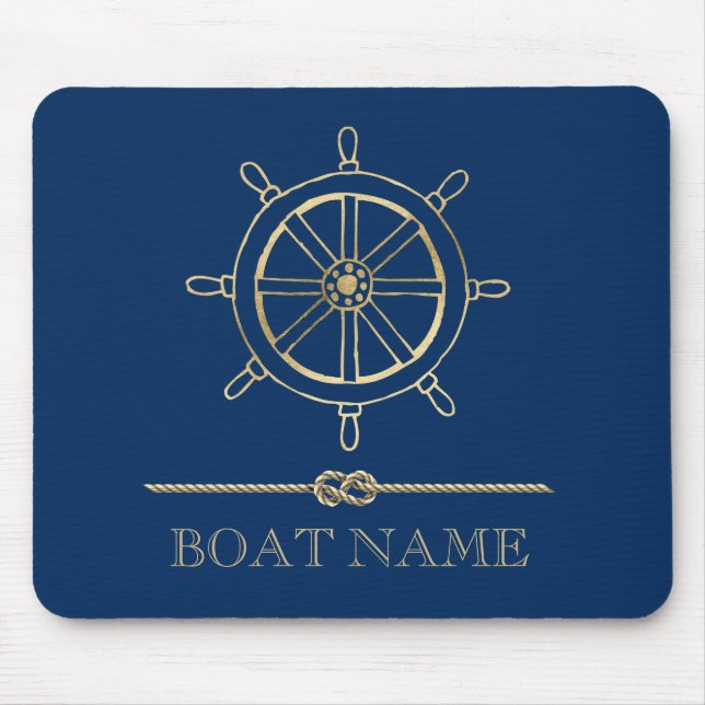 Nautical Gold Boat Wheel,Navy Blue  Mouse Mat (Front)