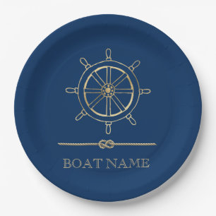 Nautical Gold Boat Wheel,Navy Blue  Paper Plate