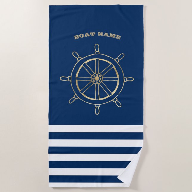 Nautical,Gold Boat Wheel, Navy Blue Stripes   Beach Towel (Front)
