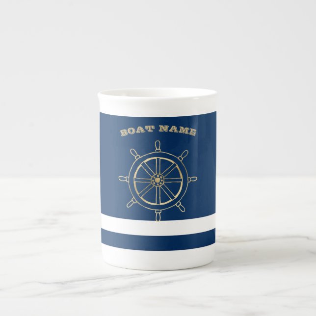 Nautical,Gold Boat Wheel, Navy Blue Stripes   Bone China Mug (Front)