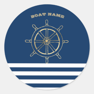 Nautical,Gold Boat Wheel, Navy Blue Stripes Classic Round Sticker