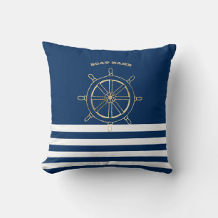 Nautical,Gold Boat Wheel, Navy Blue Stripes    Cushion