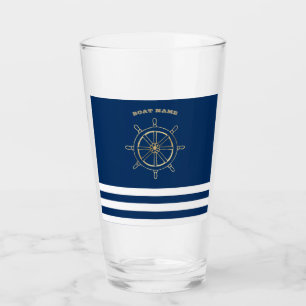 Nautical,Gold Boat Wheel, Navy Blue Stripes      Glass