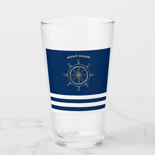 Nautical,Gold Boat Wheel, Navy Blue Stripes      Glass (Front)