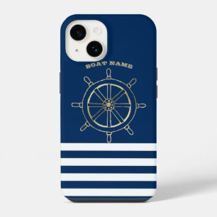Nautical,Gold Boat Wheel, Navy Blue Stripes iPhone 14 Case