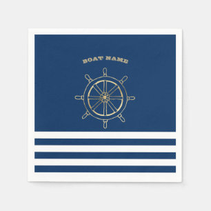 Nautical,Gold Boat Wheel, Navy Blue Stripes  Napkin