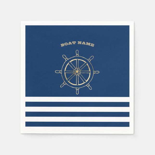Nautical,Gold Boat Wheel, Navy Blue Stripes  Napkin (Front)