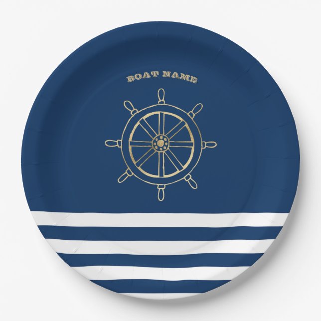 Nautical,Gold Boat Wheel, Navy Blue Stripes  Paper Plate (Front)