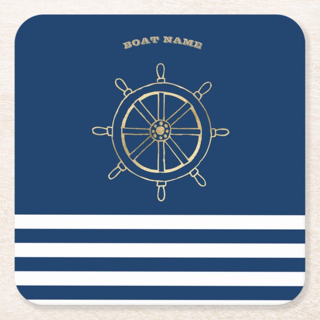 Nautical,Gold Boat Wheel, Navy Blue Stripes      Square Paper Coaster (Front)
