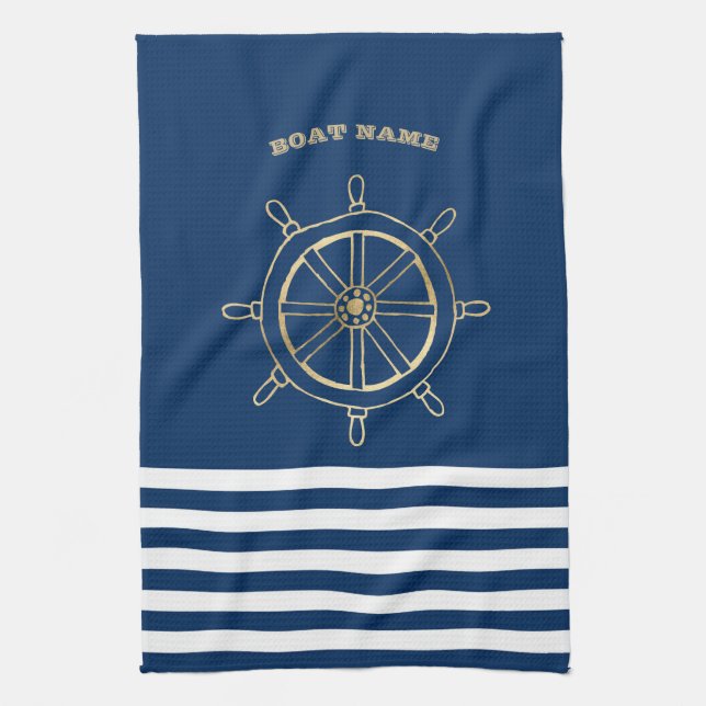 Nautical,Gold Boat Wheel, Navy Blue Stripes   Tea Towel (Vertical)