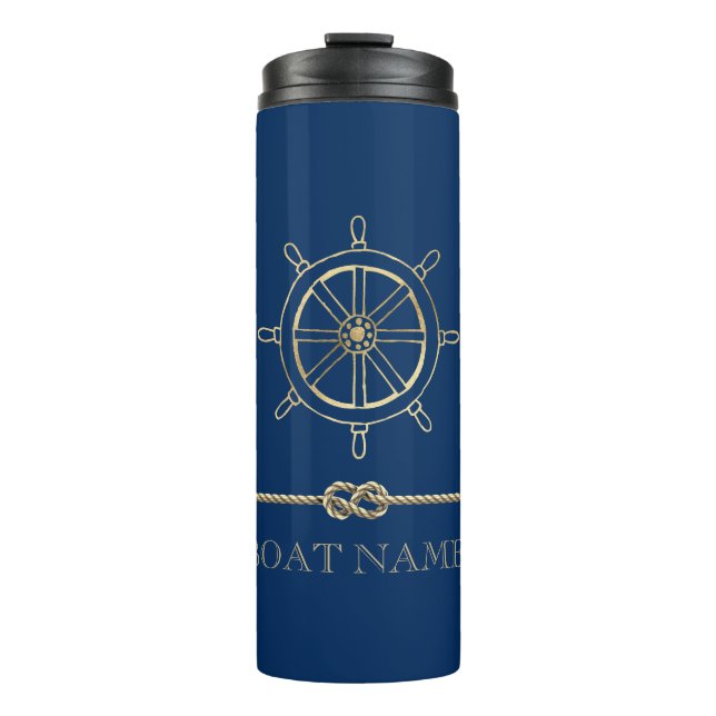 Nautical Gold Boat Wheel,Navy Blue  Thermal Tumbler (Front)