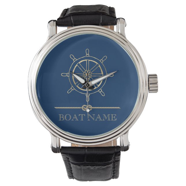 Nautical Gold Boat Wheel,Navy Blue    Watch (Front)