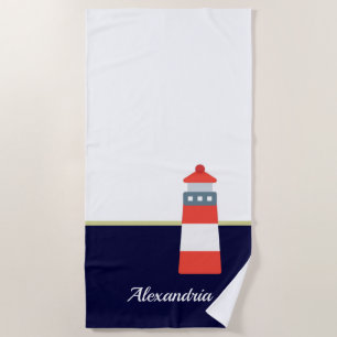 Nautical Gold Navy Blue Red White Lighthouse Beach Towel