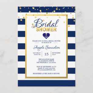 Nautical Gold Navy Blue Stripes Bridal Shower Invitation