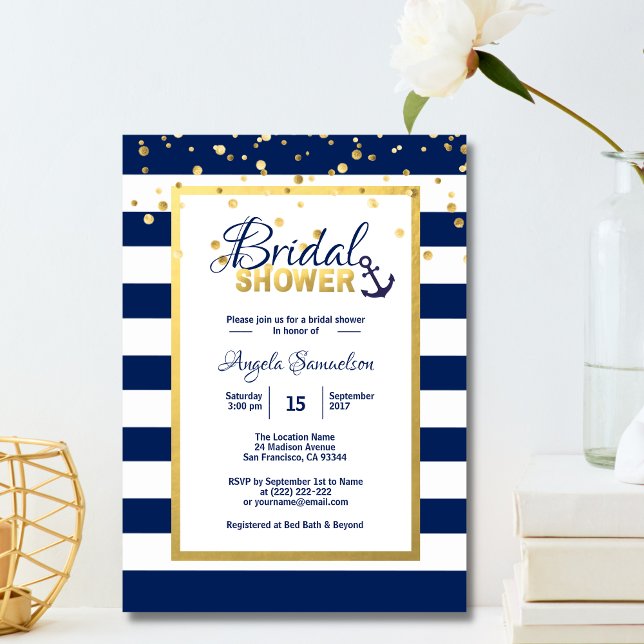 Nautical Gold Navy Blue Stripes Bridal Shower Invitation (Creator Uploaded)