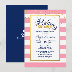 Nautical Gold Navy Blue White Pink Baby Shower Invitation