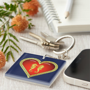 Nautical gold seahorse Celtic red heart/blue  Key Ring