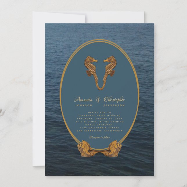 Nautical Gold Seahorse Dance Beach Wedding Invitation (Front)