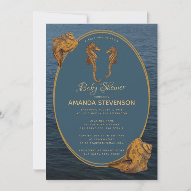 Nautical Gold Seahorses Blue Ocean Baby Shower Invitation (Front)