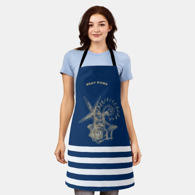 Nautical,Gold Seashells Navy Blue Stripes    Apron (Worn)