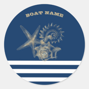 Nautical,Gold Seashells Navy Blue Stripes   Classic Round Sticker