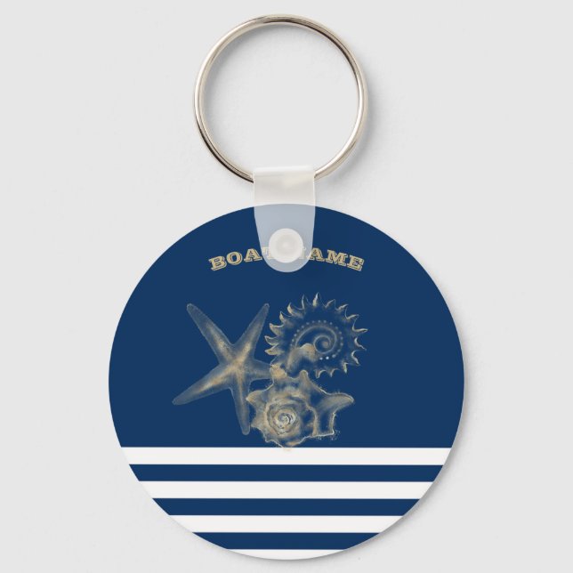 Nautical,Gold Seashells Navy Blue Stripes  Key Ring (Front)