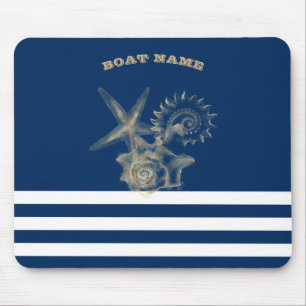 Nautical,Gold Seashells Navy Blue Stripes   Mouse Mat