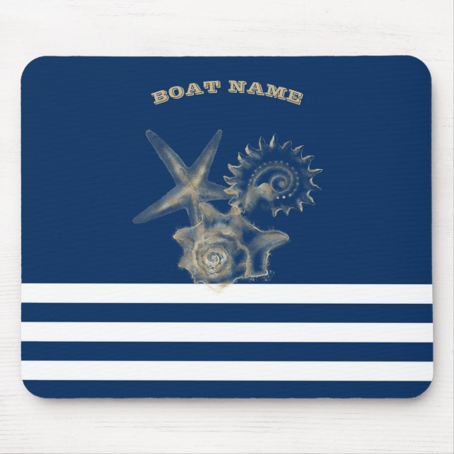 Nautical,Gold Seashells Navy Blue Stripes   Mouse Mat (Front)