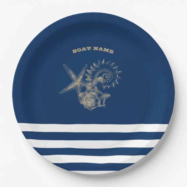 Nautical,Gold Seashells Navy Blue Stripes Paper Plate (Front)
