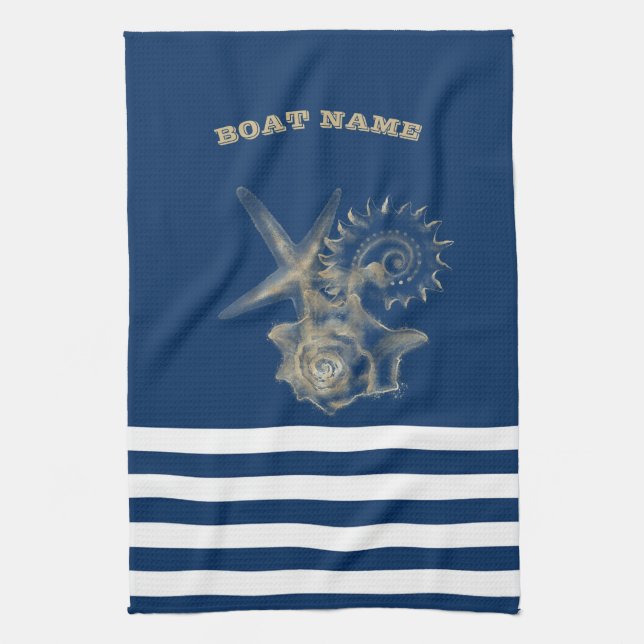 Nautical,Gold Seashells Navy Blue Stripes  Tea Towel (Vertical)