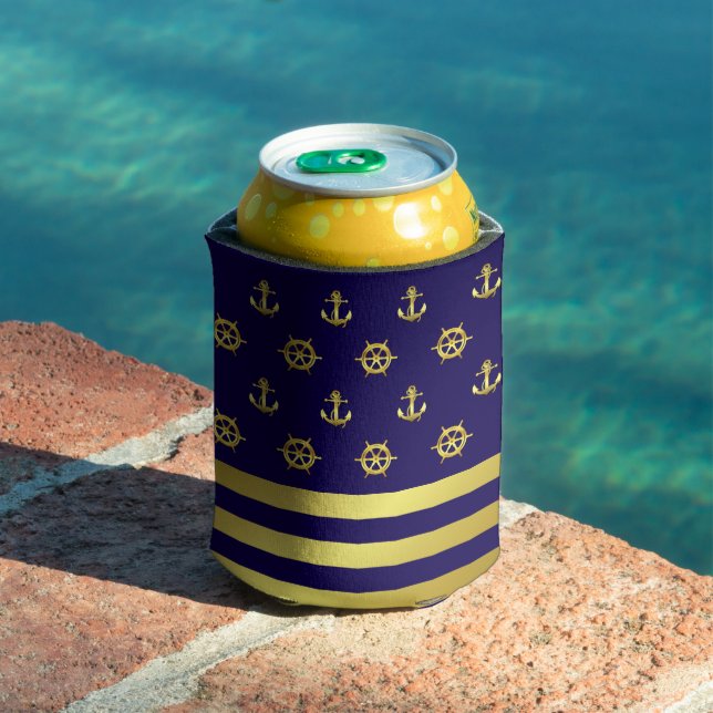 Nautical/gold/ ship anchor and wheel/navy-blue can cooler (In Situ Pool)