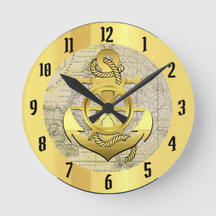 Nautical gold ship/boat anchor/navy blue round clo clock