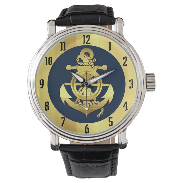 Nautical gold ship/boat anchor/navy blue round clo watch (Front)
