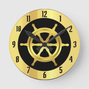 Nautical gold ship/boat wheel on black round clock