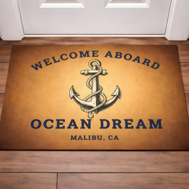 Nautical Gold Welcome Aboard Boat Name Anchor Bath Mat (Creator Uploaded)