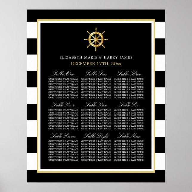 Nautical Gold Wheel, Black & Gold Seating Chart (Front)