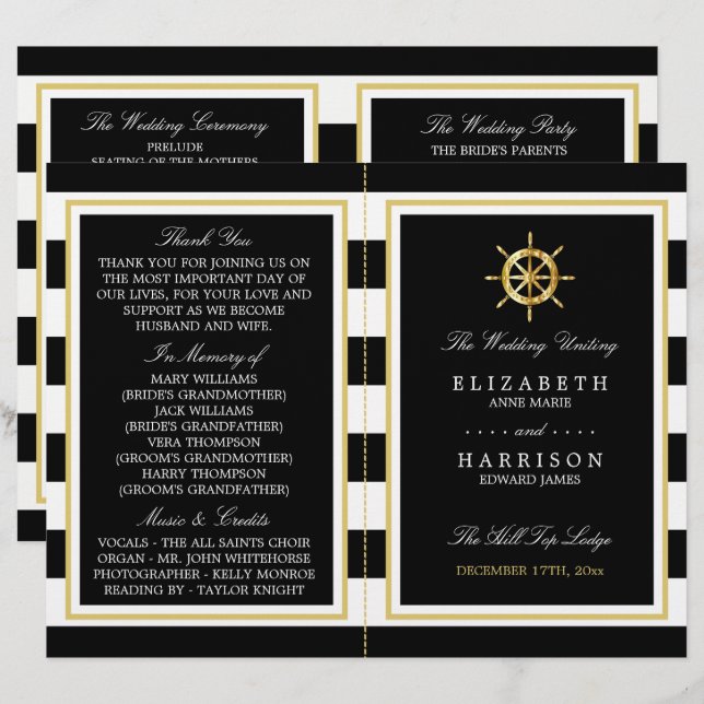 Nautical Gold Wheel, Black/Gold Wedding Programme (Front/Back)