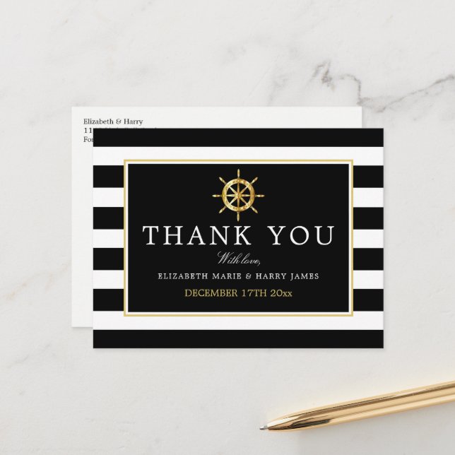 Nautical Gold Wheel, Black/Gold Wedding Thank You Postcard (Front/Back In Situ)