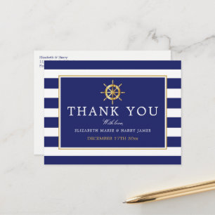 Nautical Gold Wheel, Navy & Gold Wedding Thank You Postcard