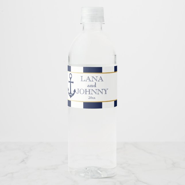 Nautical, Gold with Navy Stripes Water Bottle Label (Front)