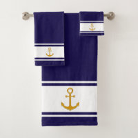Nautical golden anchor on navy blue & white