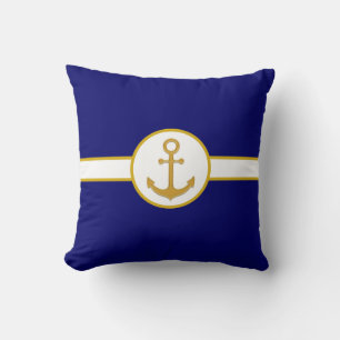 Nautical Golden Anchor on Navy Blue & White Cushion