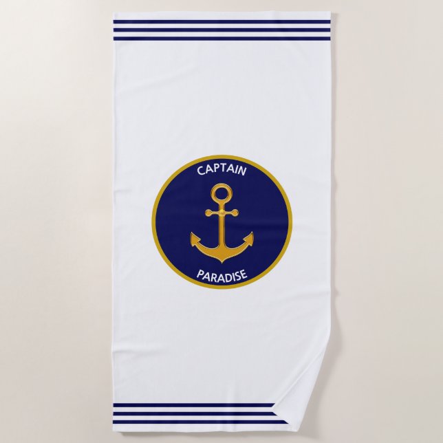 Nautical Golden Ship Anchor on White & Navy Blue Beach Towel (Front)