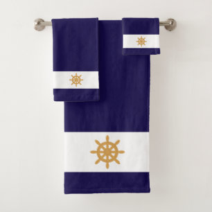 Nautical  golden ship wheel on navy blue & white bath towel set
